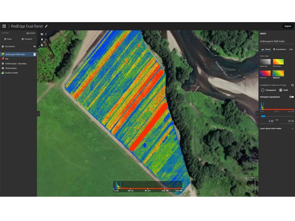 Carte NDVI générée par drone avec PIX4Dfields, illustrant la santé des cultures à l’aide d’un indice spectral coloré.