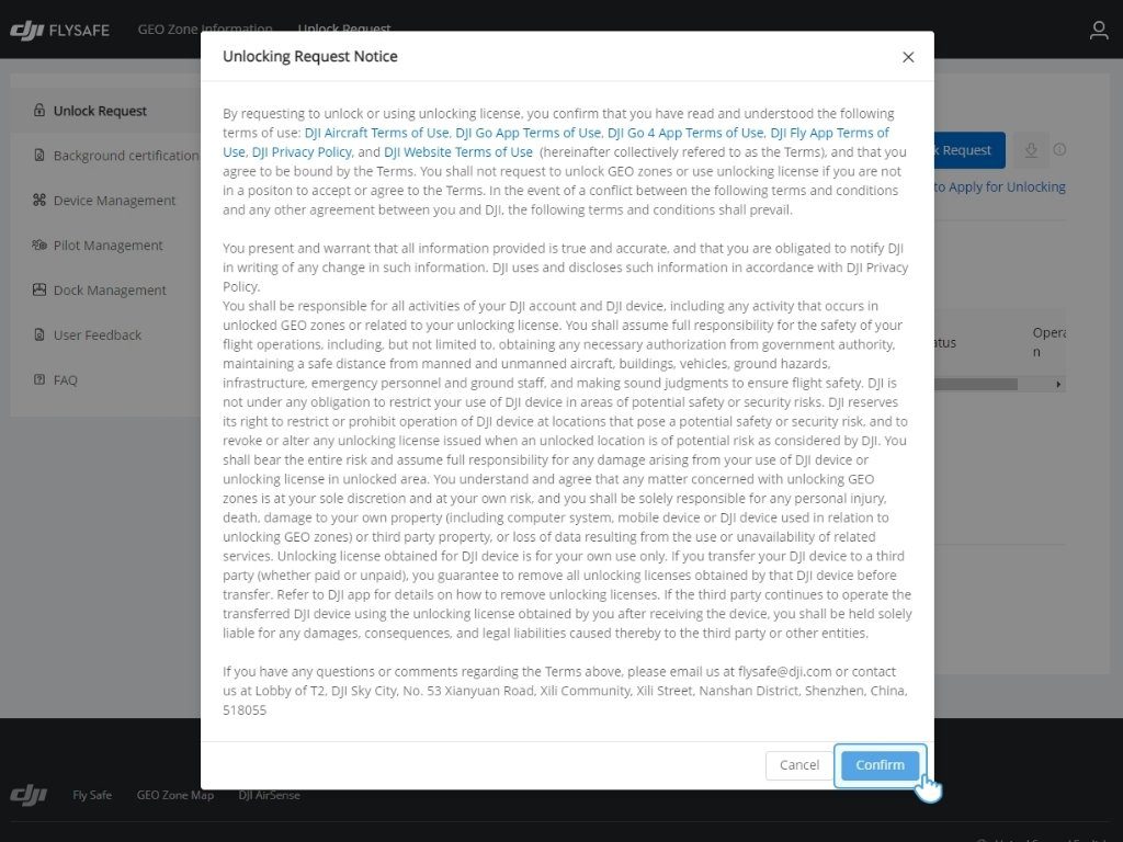 Fenêtre d’avertissement DJI FlySafe avant la demande de déblocage.