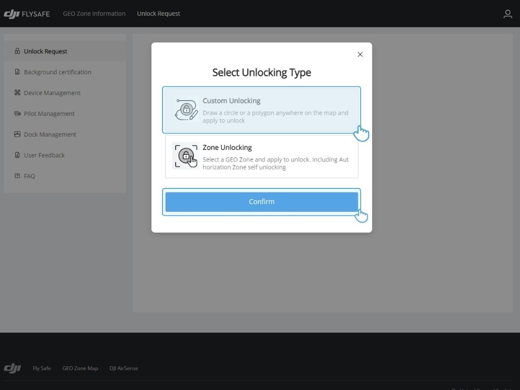 Sélection du type de déverrouillage GEO dans l’interface DJI.