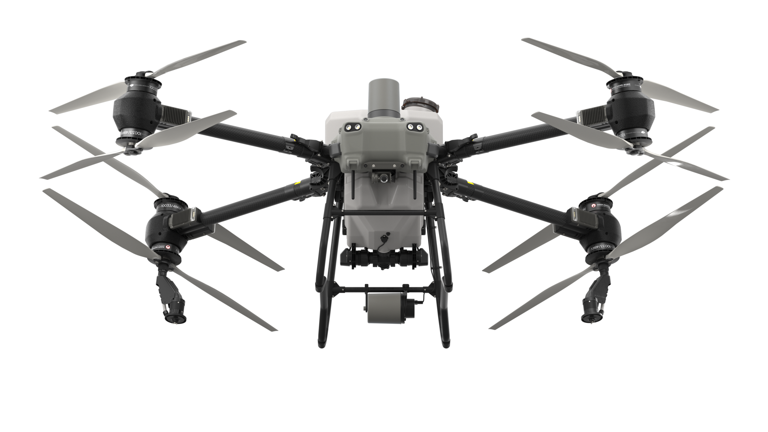 Drone agricole DJI Agras T50 vu de face sur fond noir, conçu pour les opérations de pulvérisation et d’épandage de précision.